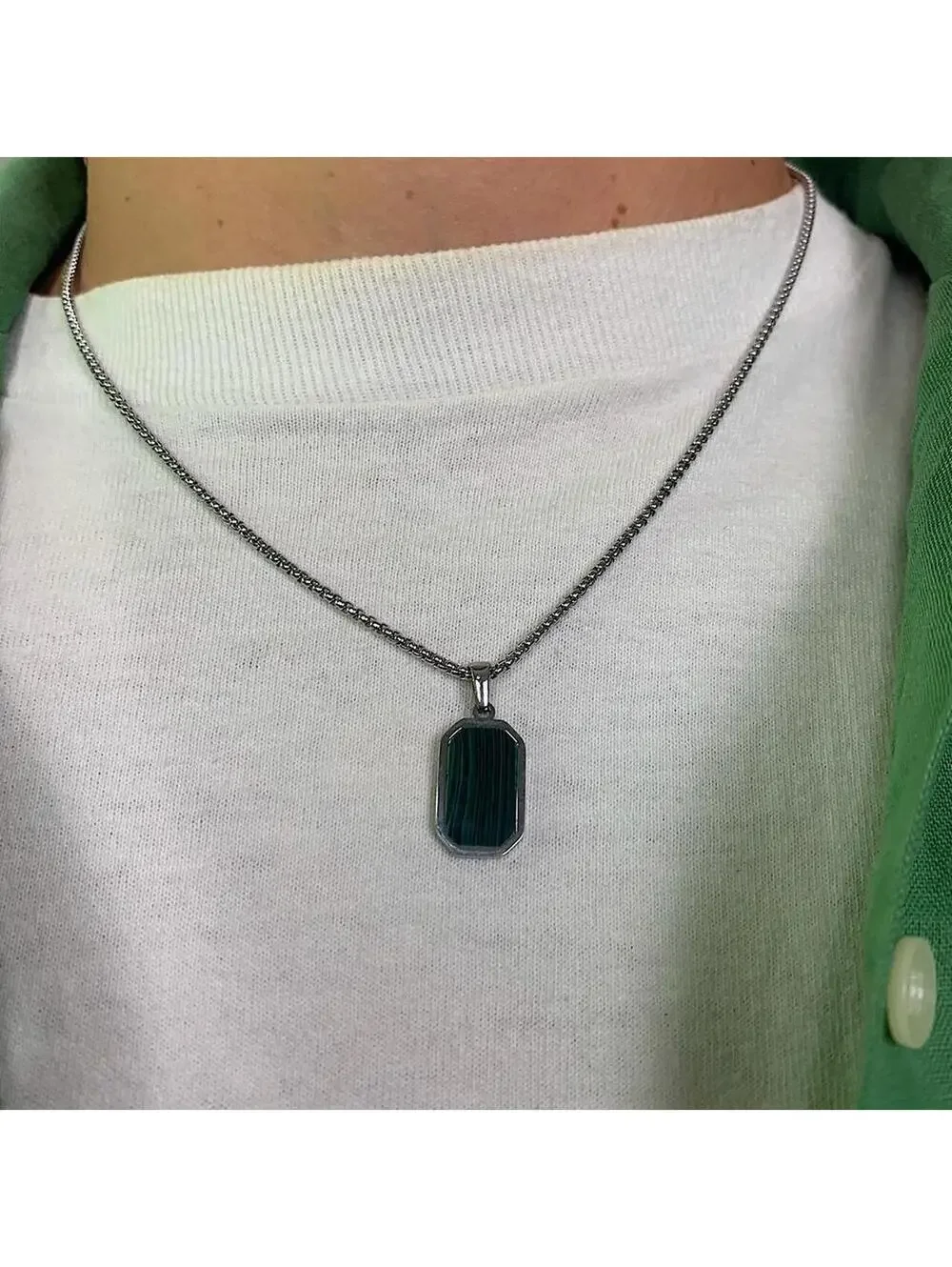 Silver with Green pendant stainless steel necklace